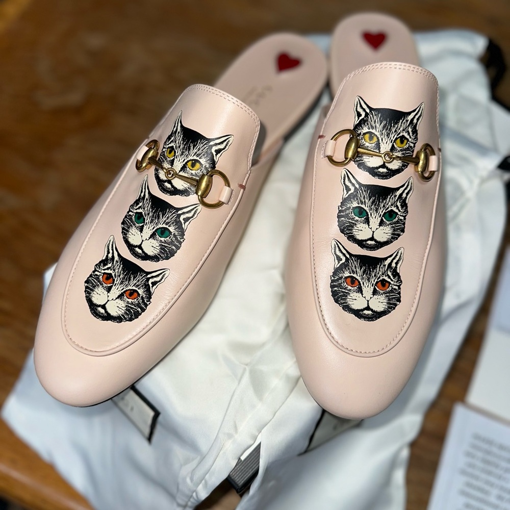 GUCCI Leather Mystic Cat Womens Princetown Mules Slippers Pink EU 41 US 10 Shoes